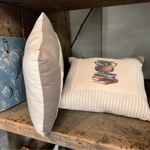 Set of 2 Throw Pillows Oscar & Ollie Owl W/ Glasses & Book 10in x 10in New - Picture 5 of 11